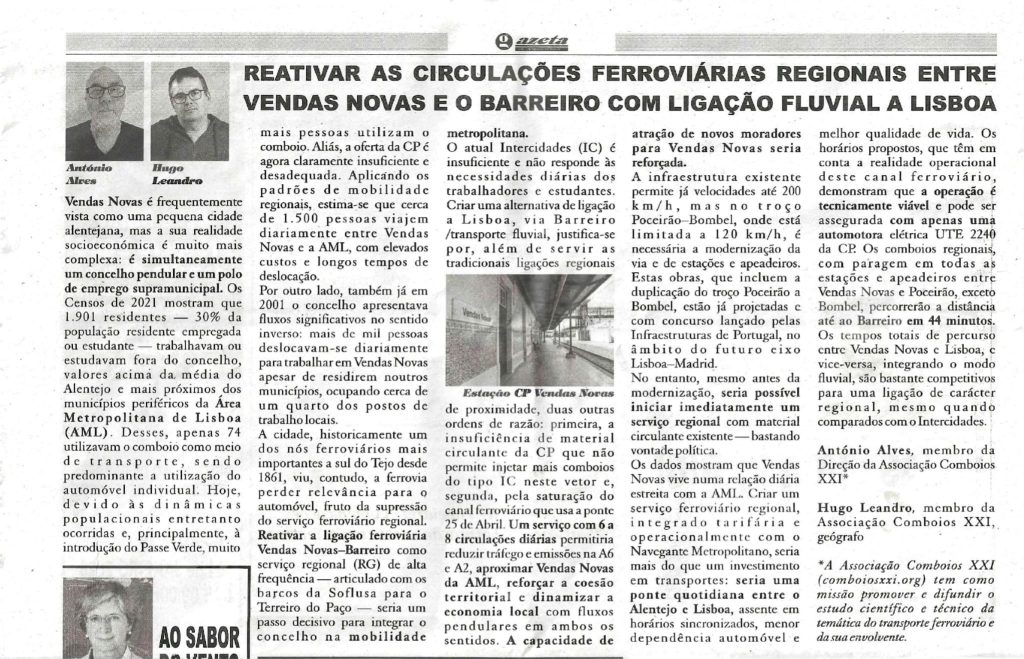 REATIVAR AS CIRCULAÇÕES FERROVIÁRIAS REGIONAIS ENTRE VENDAS NOVAS E O BARREIRO COM LIGAÇÃO FLUVIAL A LISBOA